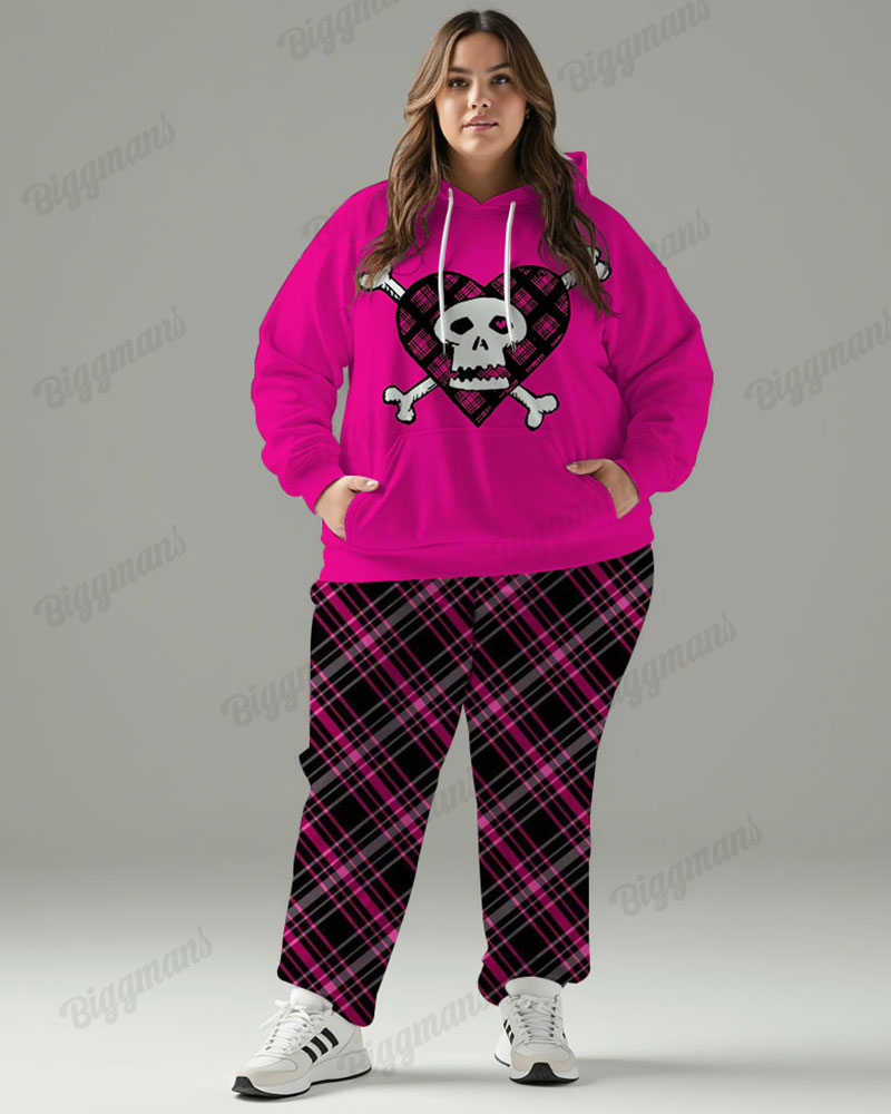 Women's Street Fashion Vintage Heart Skull Print Plus Size Hoodie Suit