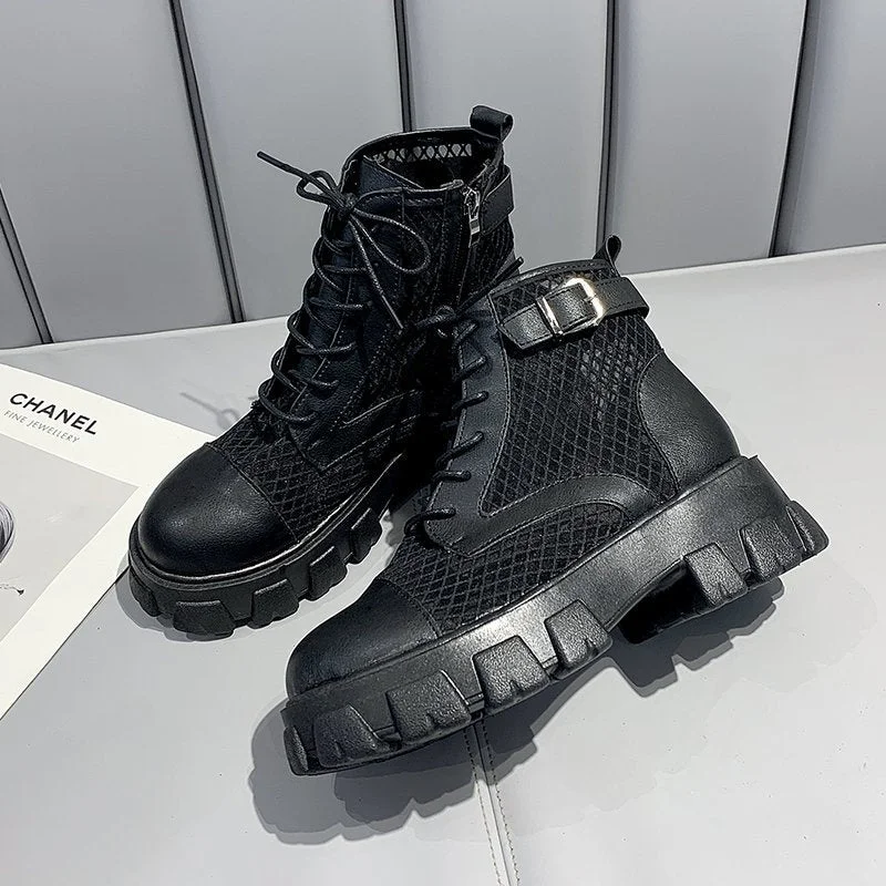 Classic Women Thick Bottom Black Mesh Summer Boots Round Toe Zipper Lace Up Platform Shoes Woman High Heels Ankle Botas