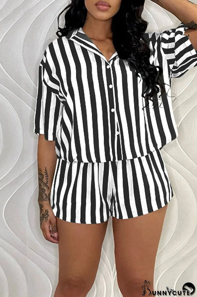 Black Casual Striped Print Patchwork Buckle Turndown Collar Short Sleeve Two Pieces