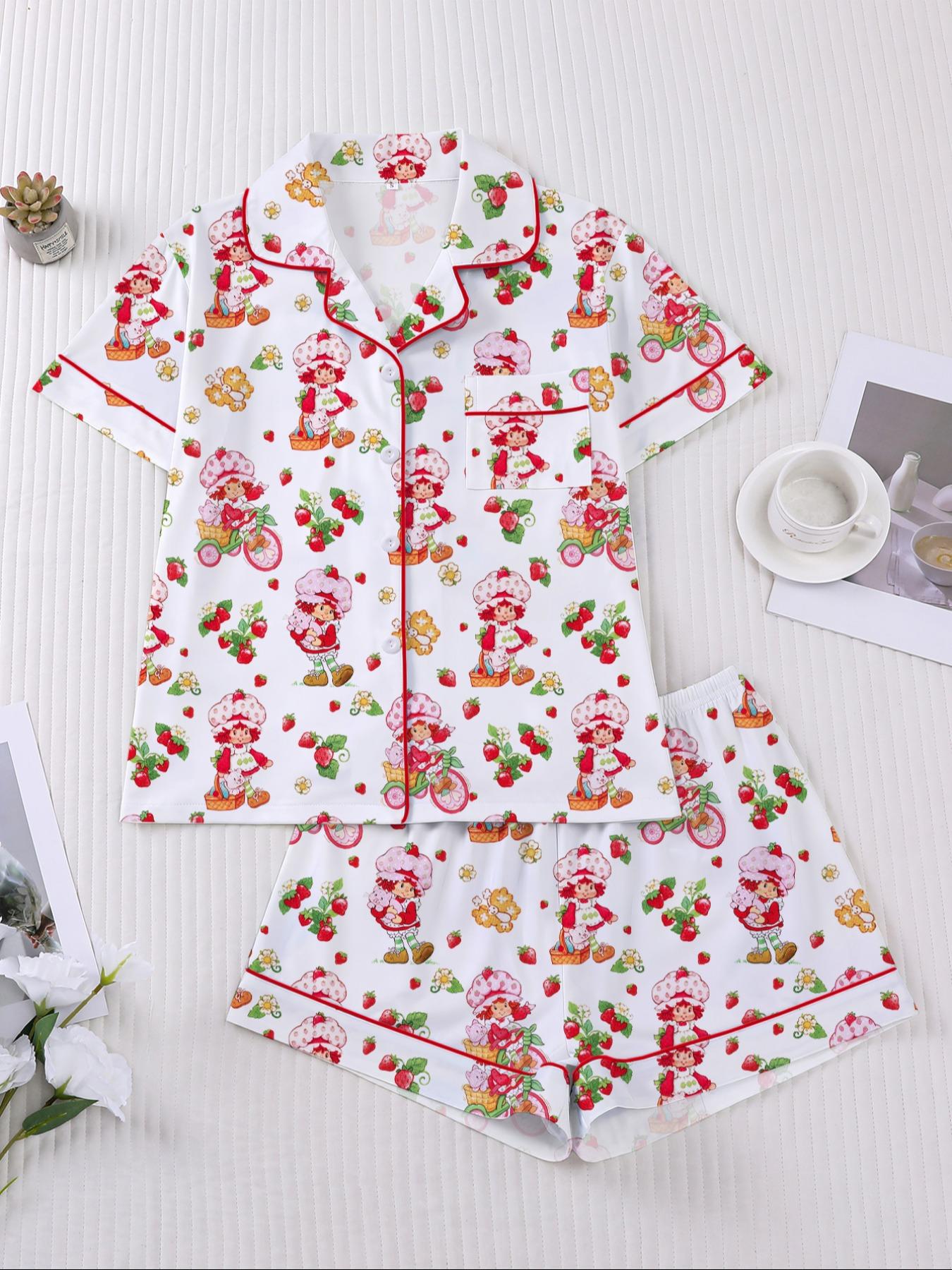 Women's Strawberry Cartoon Print Sleepwear Loungewear Set, Short Sleeve Button-Up Top & Elastic Shorts, Casual Home Wear for Daily Use