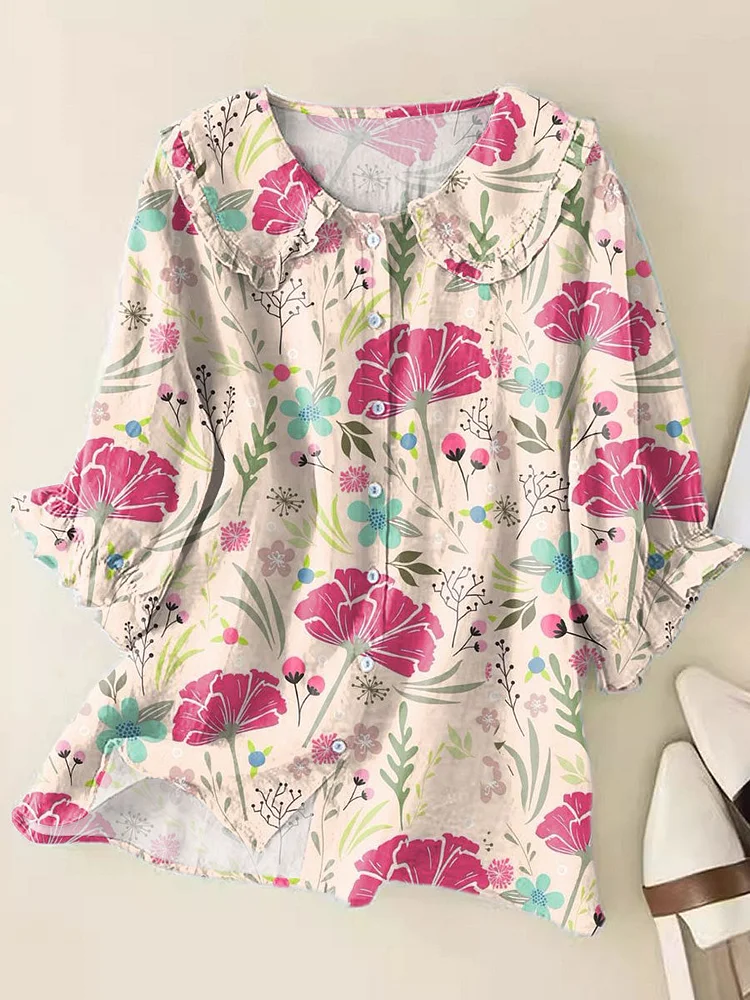 Women's  Fresh Floral Art Print Loose Top Peter Pan Collar Half Sleeve Blouses