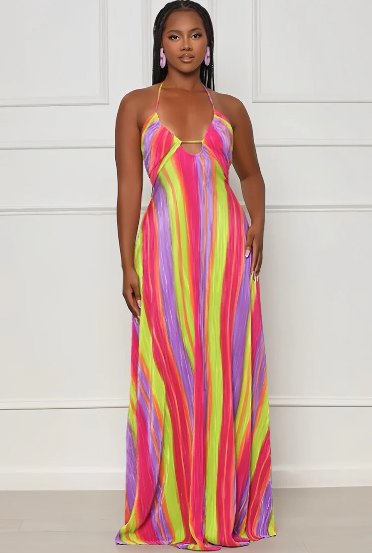 V Neck Halter Backless Colorblock Stripe Print Vacation Maxi Dresses-Pink