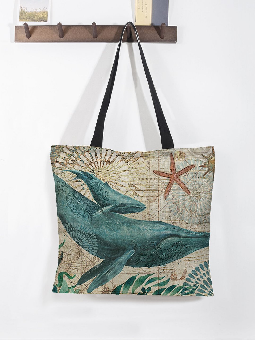 Whale Print Large Capacity Eco Friendly Linen Bag