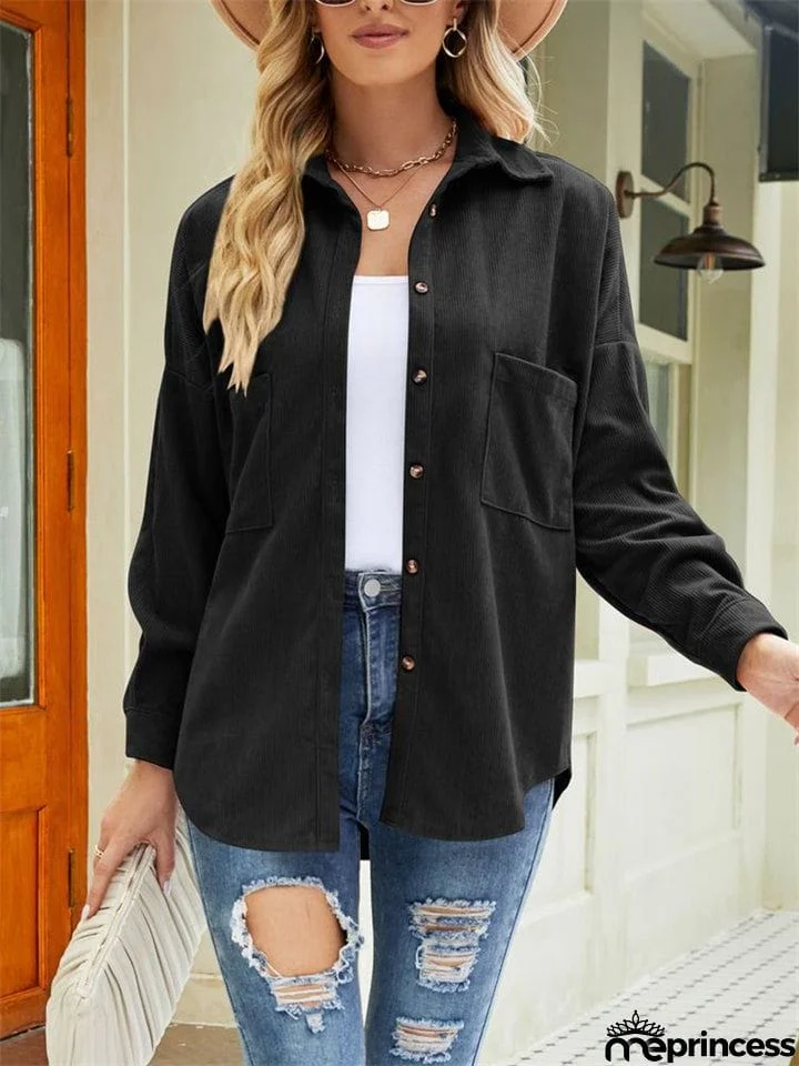 Women's Soft Solid Color Warm Button Corduroy Blouses