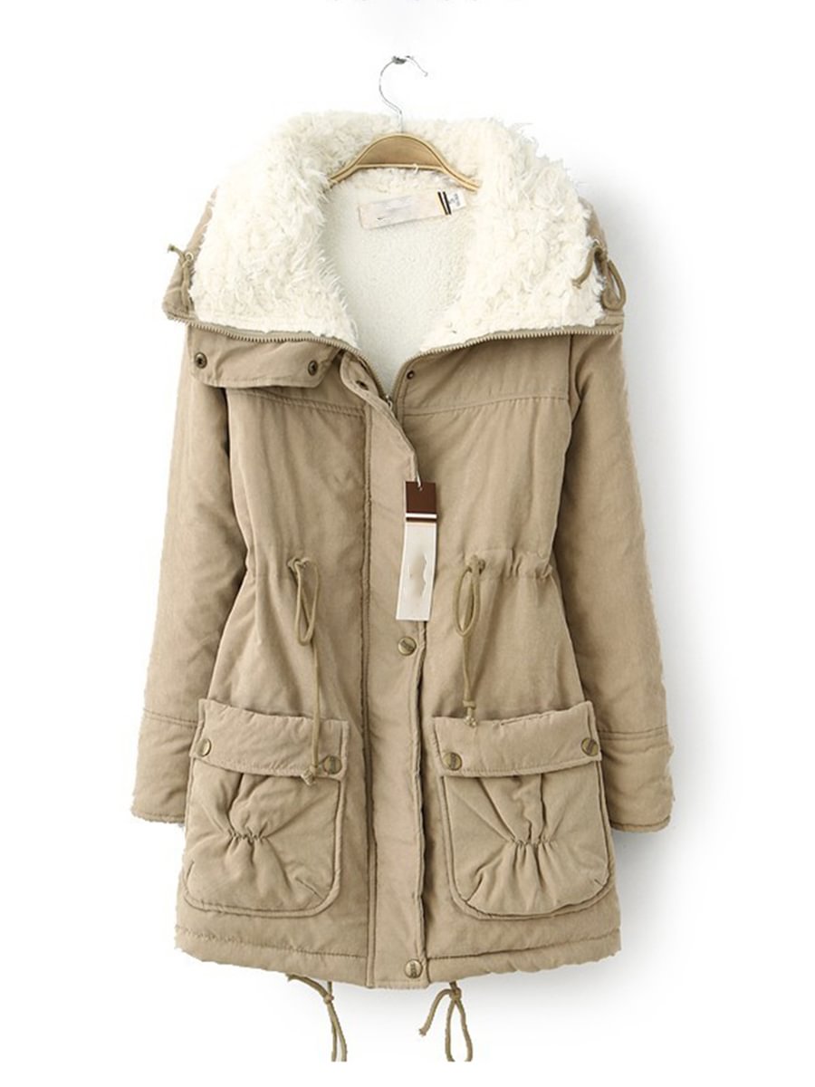 Women's Thick Solid Color Hooded Parka Cotton Coat-1011-04