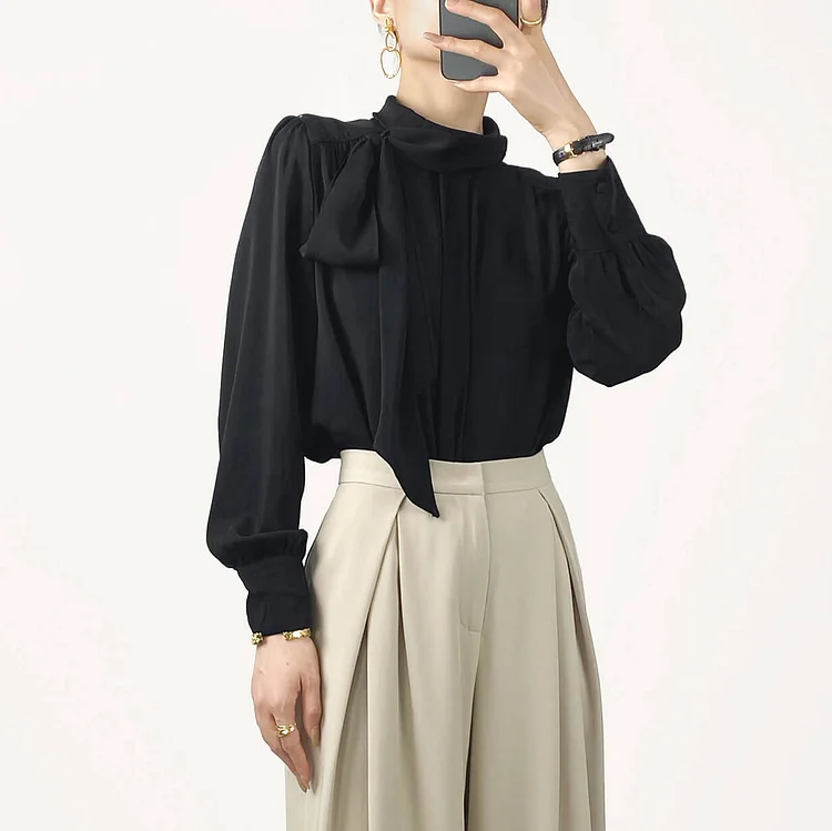 Black Long Sleeve Tie Neck Blouse QueenFunky