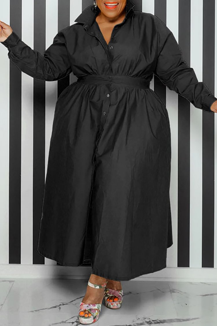 Xpluswear Plus Size Causal Black Lapel With Buttons Long Sleeve Maxi Dress