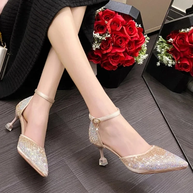 Shining Crystal Gold Pumps For Women 2022 Sexy Ankle Strap High Heels Shoes Woman Pointed Toe Rhinestone Wedding Party Shoes