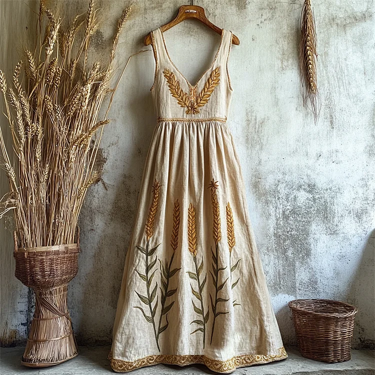 Utbros Lammas Elegant Wheat Embroidered Linen Maxi Dress