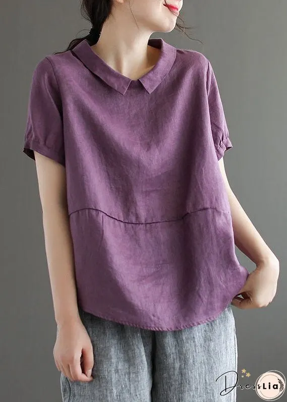 Unique Purple Peter Pan Collar Patchwork Linen T Shirts Summer