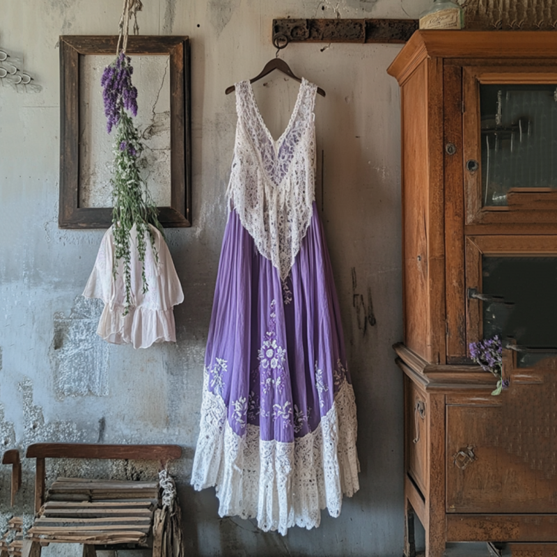 Boho Lavender Embroidered Gradient Lace Patchwork Linen Dress