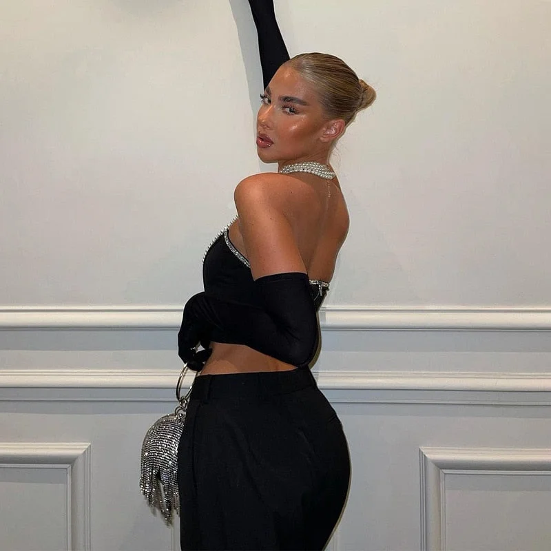 wsevypo Sexy Off Shoulder Strapless Crop Tops with Gloves Chic Women Tank Tops Black Sleeveless Wrap Corsets Bustiers Set