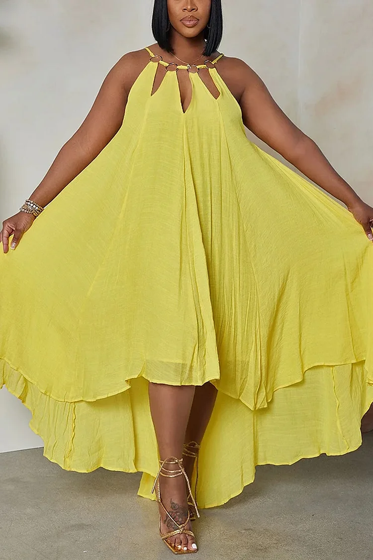 Plus Size Yellow Casual Sleeveless Cut Out Irregular Hem Loose Midi Dresses [Pre-Order]