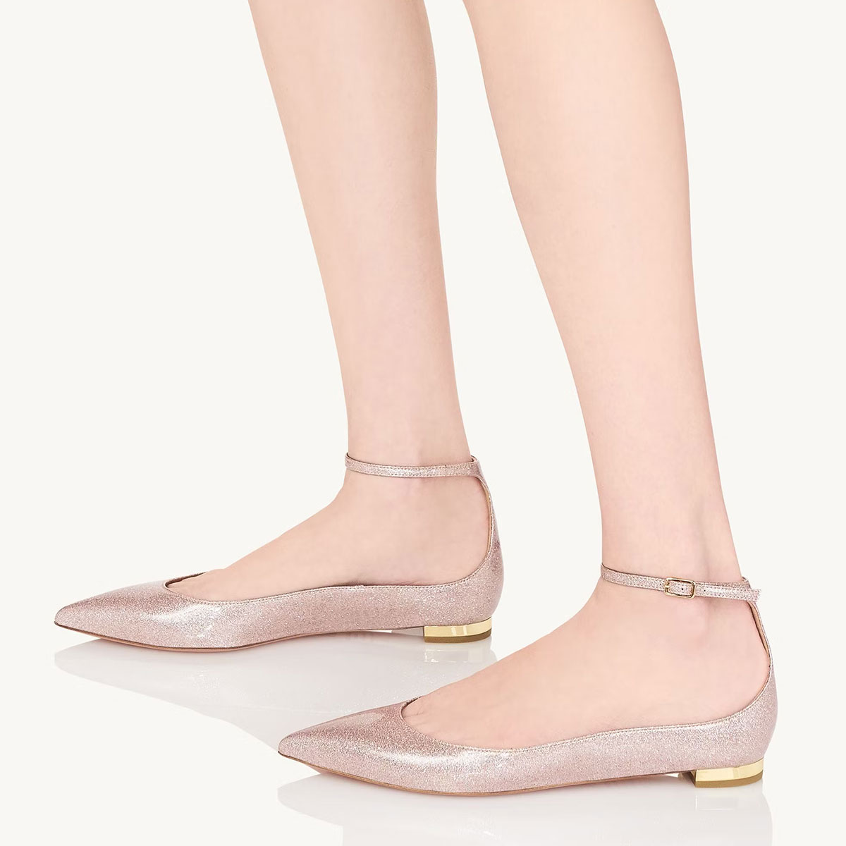 Pink Glitter Pointed Toe Women Dress Flats with Buckle Ankle Strap Nicepairs