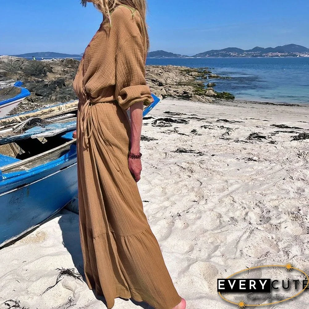 Elegant Casual Solid A-Line Maxi Dress Women Fashion Long Sleeve Drawstring Waist Dress Autumn V-Neck Soft Draped Beach Dresses