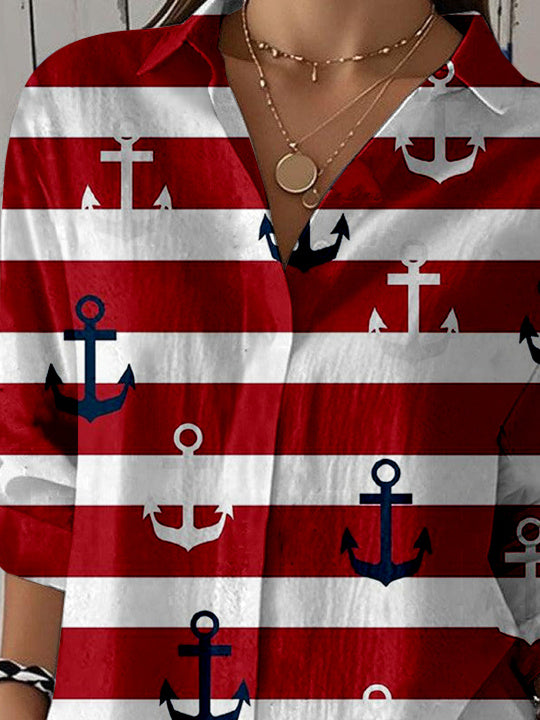 Women 3/4 Sleeve Shirt Collar National Flag Striped Printed Graphic Button Tops