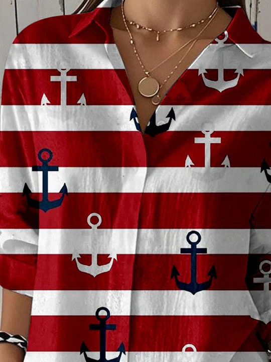 Women 3/4 Sleeve Shirt Collar National Flag Striped Printed Graphic Button Tops