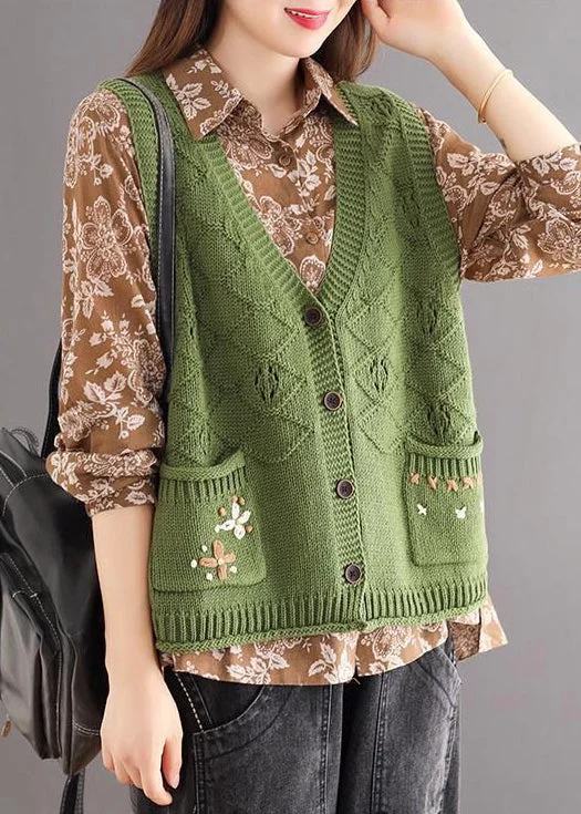New Green Embroideried Pockets Patchwork Cotton Knit Waistcoat Sleeveless
