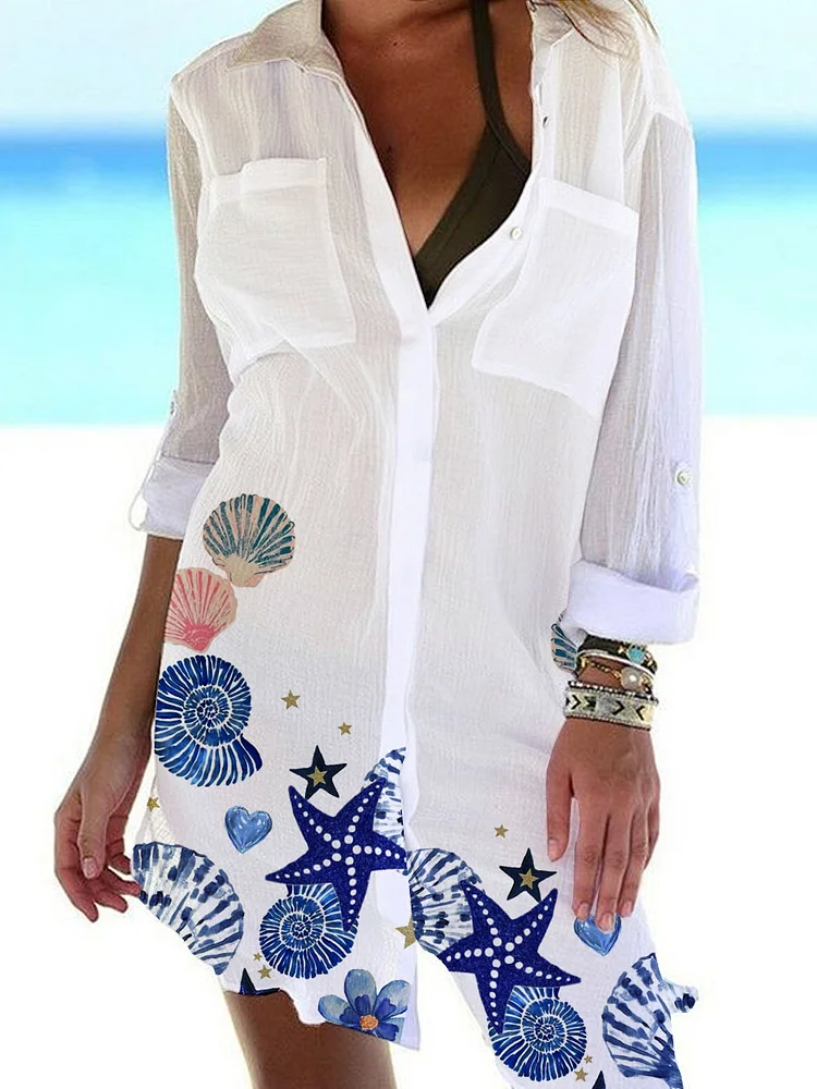 Women'S Elegant  Watercolor Shell Pattern Casual Dress Shift Dress Mini Dress