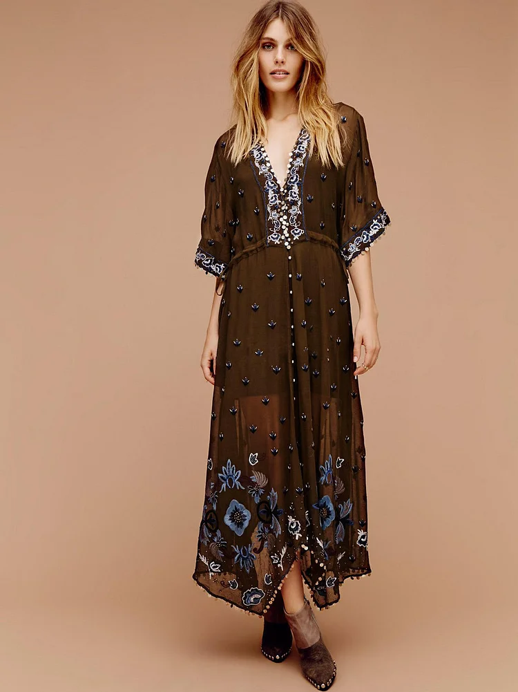 Women Dresses Embroidered See-through Flower V-neck Dress