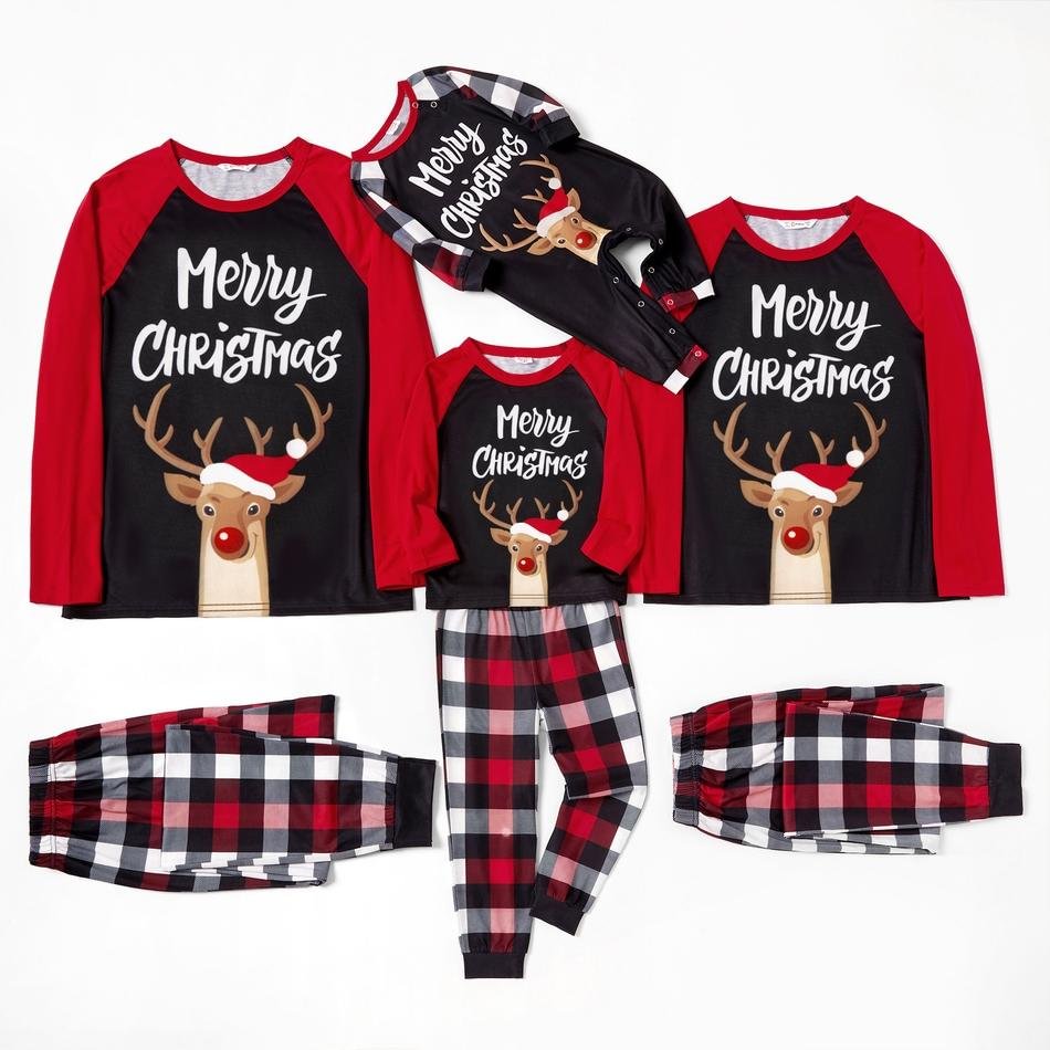 Family Matching Reindeer Top Plaid Christmas Pajamas Sets