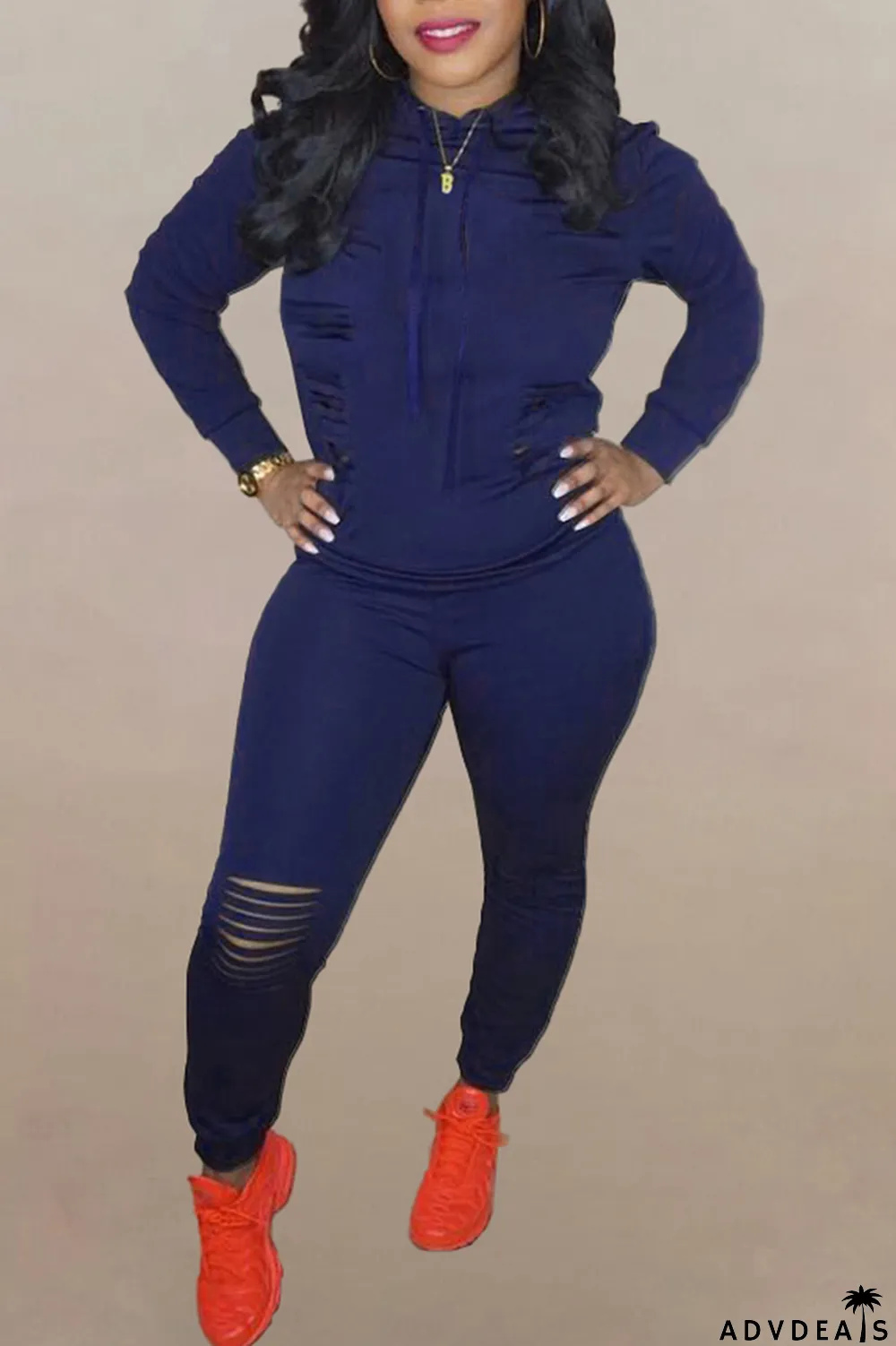 Brown Fashion Solid Ripped Hooded Collar Long Sleeve Two Pieces