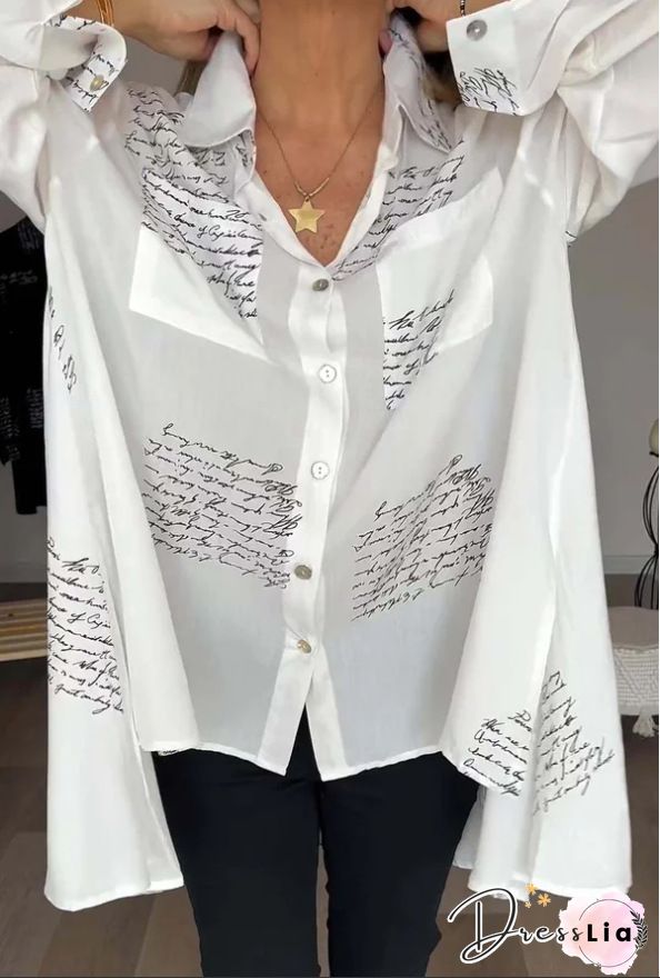 Text Letters Casual Lace Loose Long Sleeve Blouse
