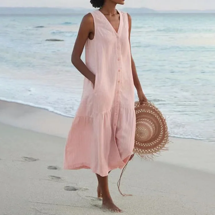 Vintage Plain V Neck Button Down Sleeveless Maxi Dress