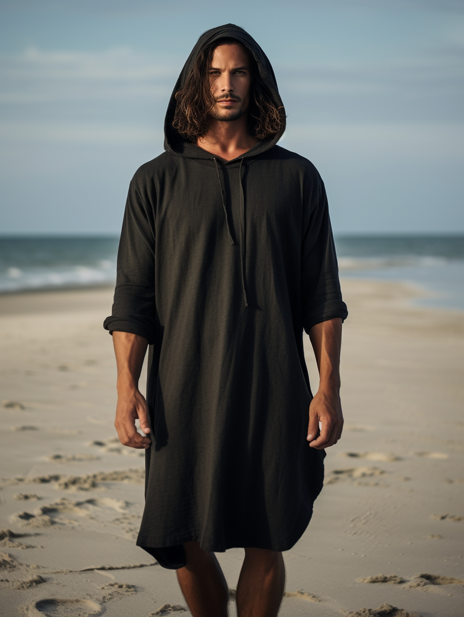 Black Men Linen Hoodie Kaftan Solid Long Caftan