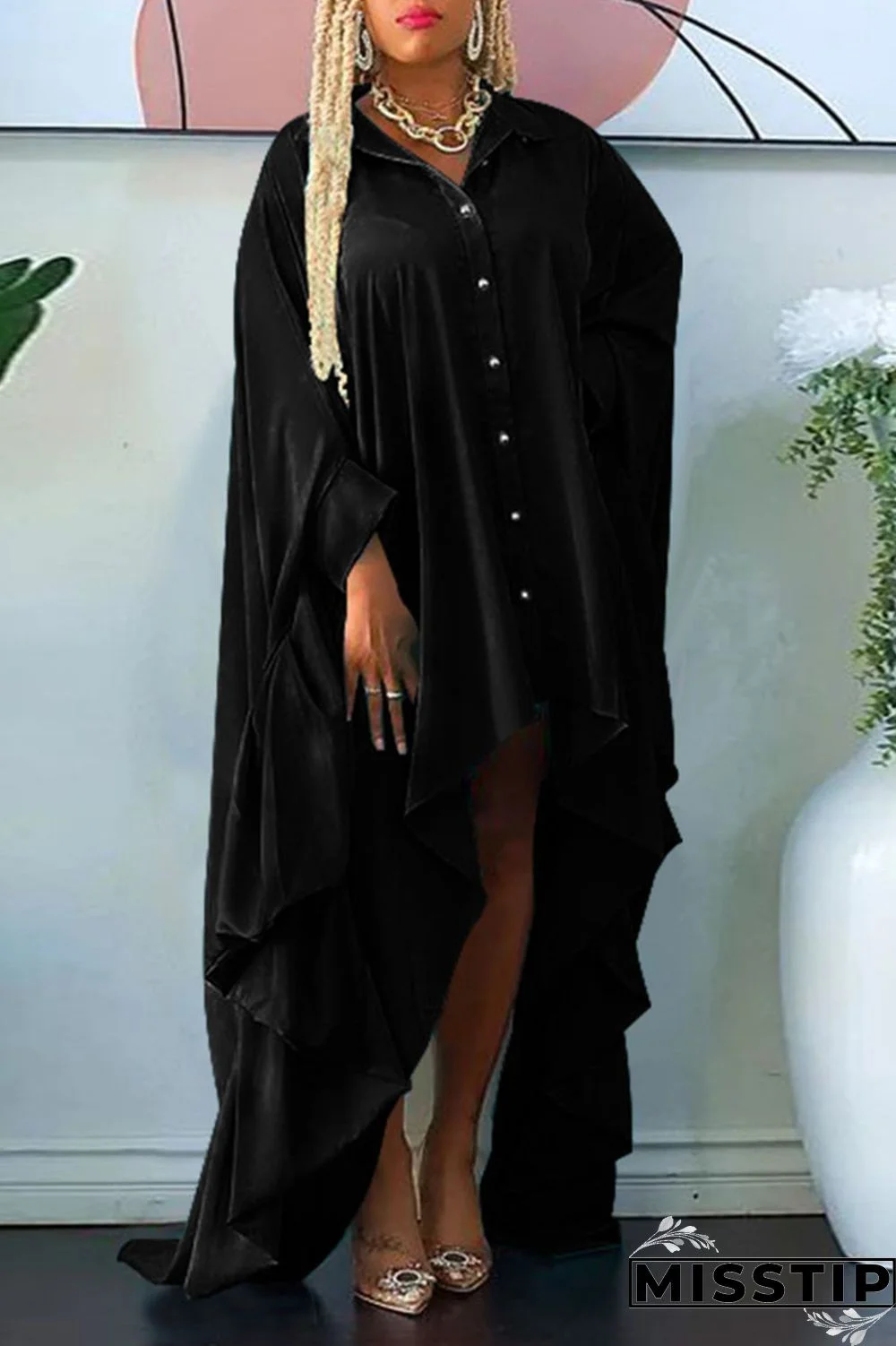 Green Casual Solid Patchwork Buckle Asymmetrical Turndown Collar Irregular Dress Plus Size Dresses