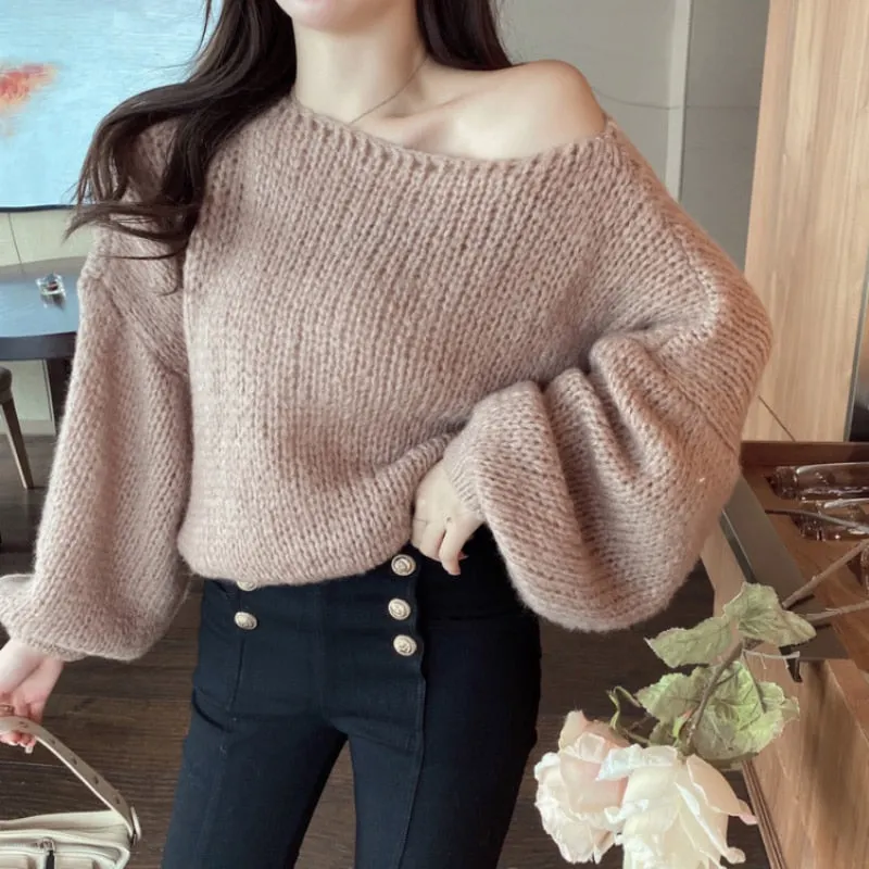 Zoki Thick Women Sweater Loose Cute Autumn Oversize Knitted Jumper Sexy Off Shoulder Sweet Long Sleeve Female Sweater Tops 2021