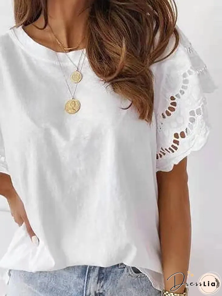 Women's T-Shirts Solid Crew Neck Lace Flare Sleeve T-Shirt