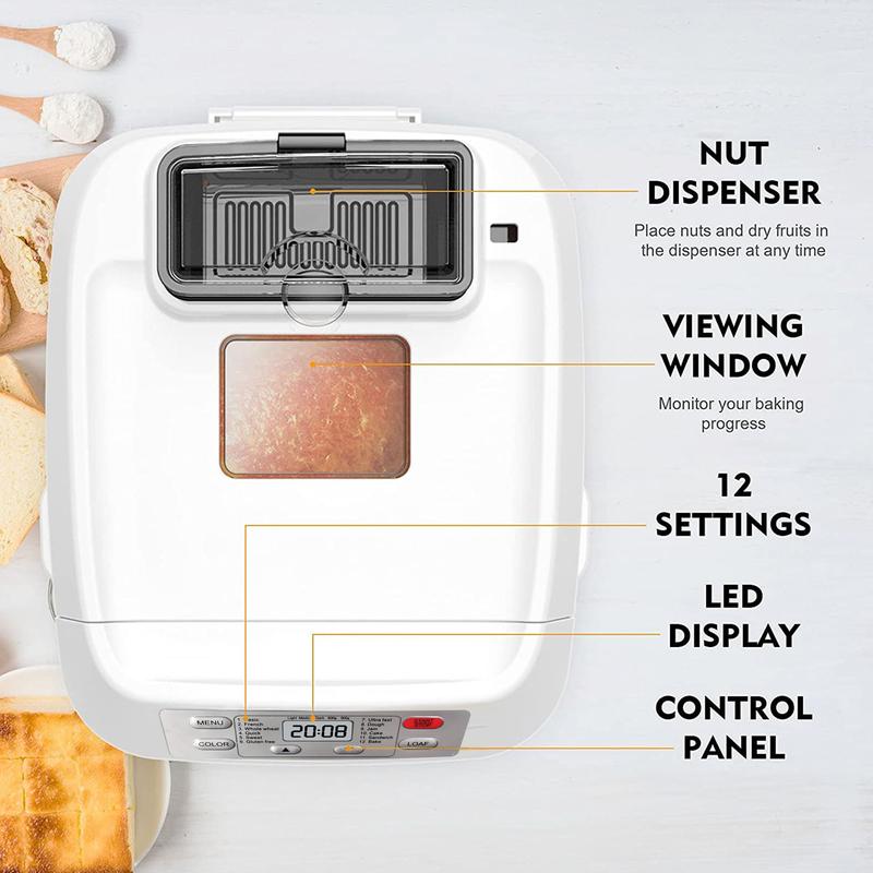 Product Introduction of Automatic Bread Maker, Up to 2LB, 12-in-1 Bread Machine with Auto Fruit Nut Dispenser, 13 H Timer, 1 H Keep Warm, Gluten-Free, 3 Crust Colors, White 8