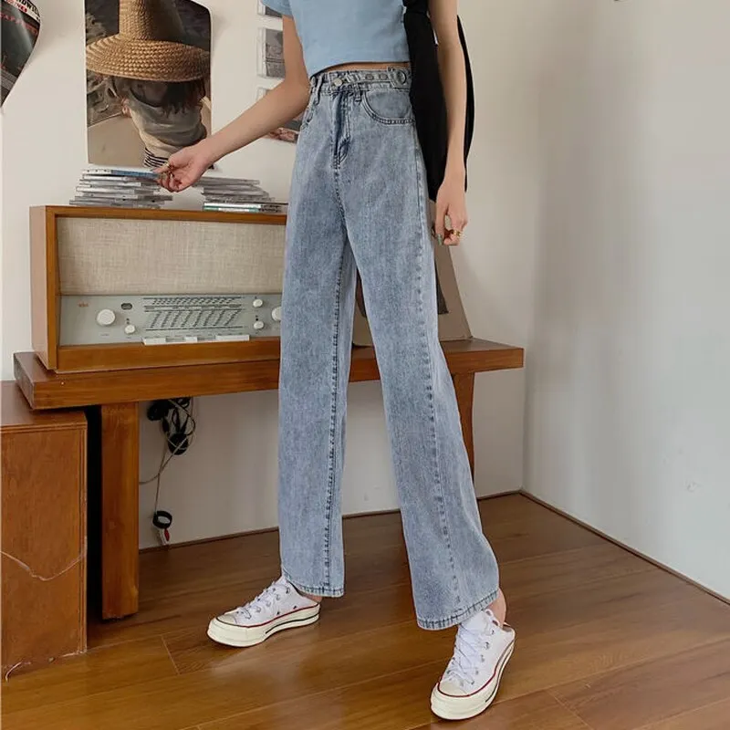 Jeans Women Wide Leg Pure Color Denim Trouser Simple Ins Female Casual Loose Cozy Mujer De Moda High Waisted Vintage Washed Kpop