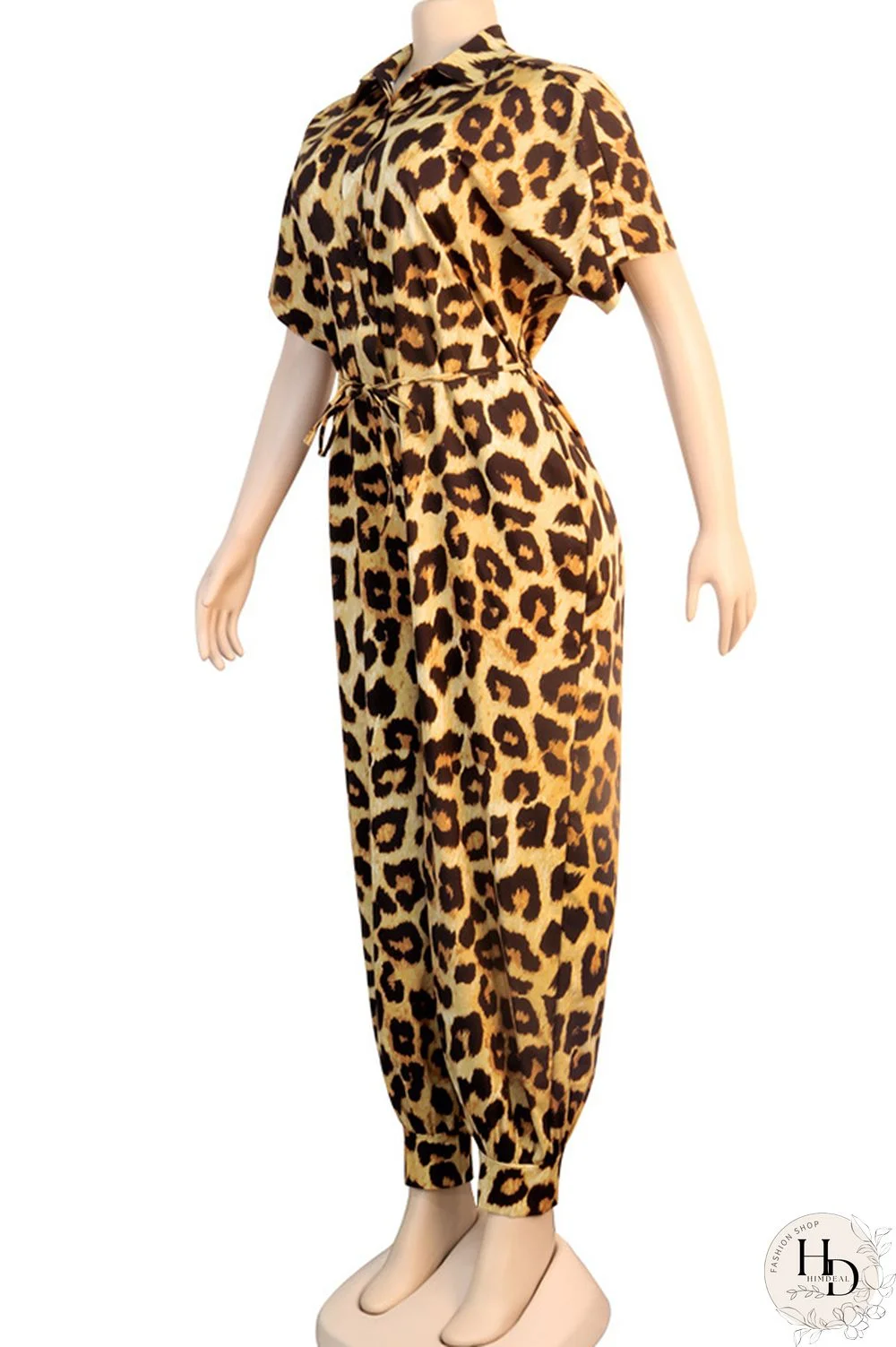 Yellow Sexy Leopard grain bandage Long Sleeve Turndown Collar Jumpsuits