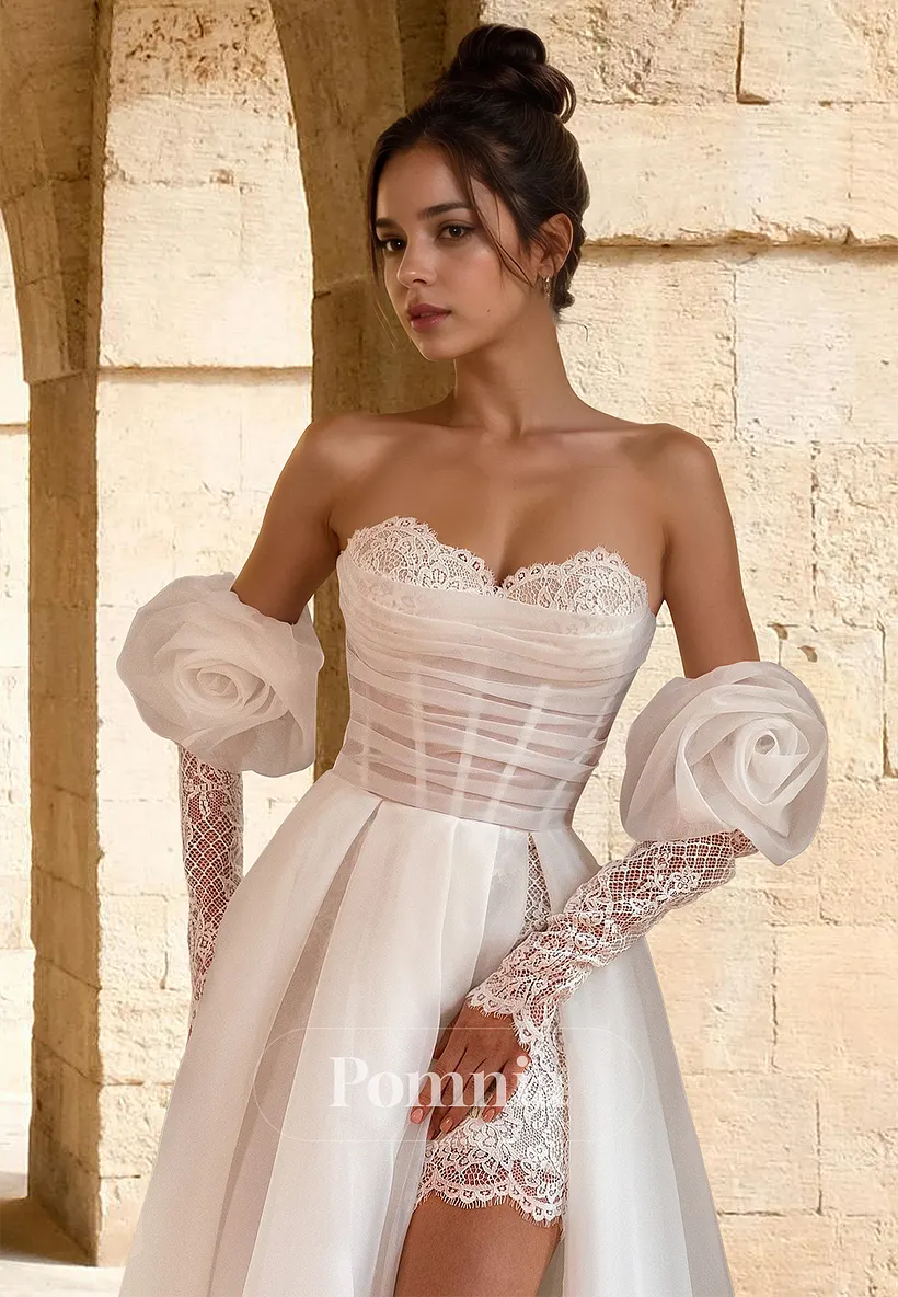 Charming A-Line Off-Shoulder Sweetheart Side Slit Corset Beach Wedding Dress