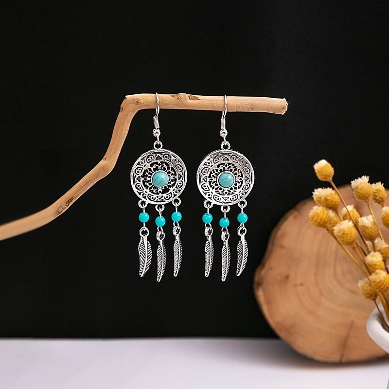 Bohemian Blue Turquoise National Style Earrings Imitation Miao Silver Metal Earrings Vintage Tassel Earrings