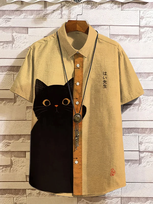Men's Cute Black Cat Student Japanese Art Print Linen Blend Shirt