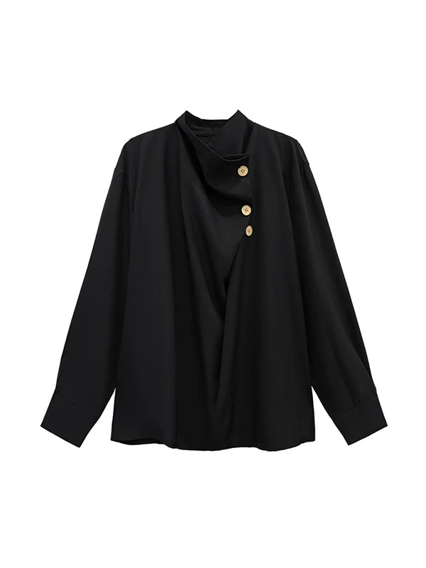 Long Sleeves Loose Asymmetric Buttoned Pleated Solid Color Split-Joint High Neck Blouses