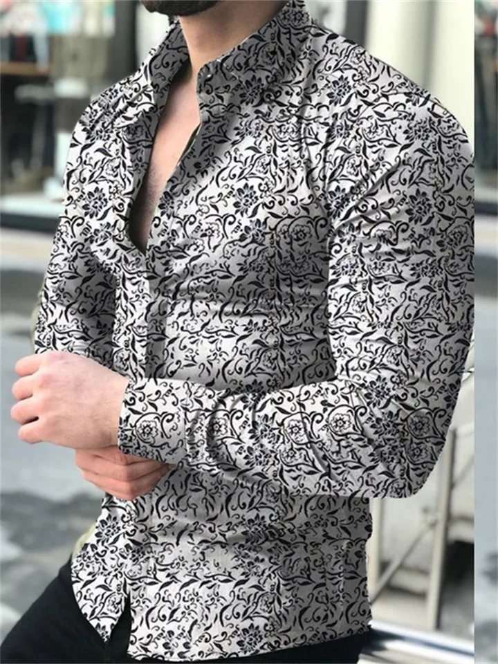 Autumn New Men's Shirts Muscle Men Lapel Cardigan Printed Shirt Slim Type Fashion Long-sleeved Men's Clothing-Cosfine