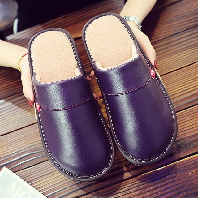 Women's Slippers home shoes 2020 New Winter Ladies Non Slip PU Leather Indoor Slippers for woman Windproof Designer family