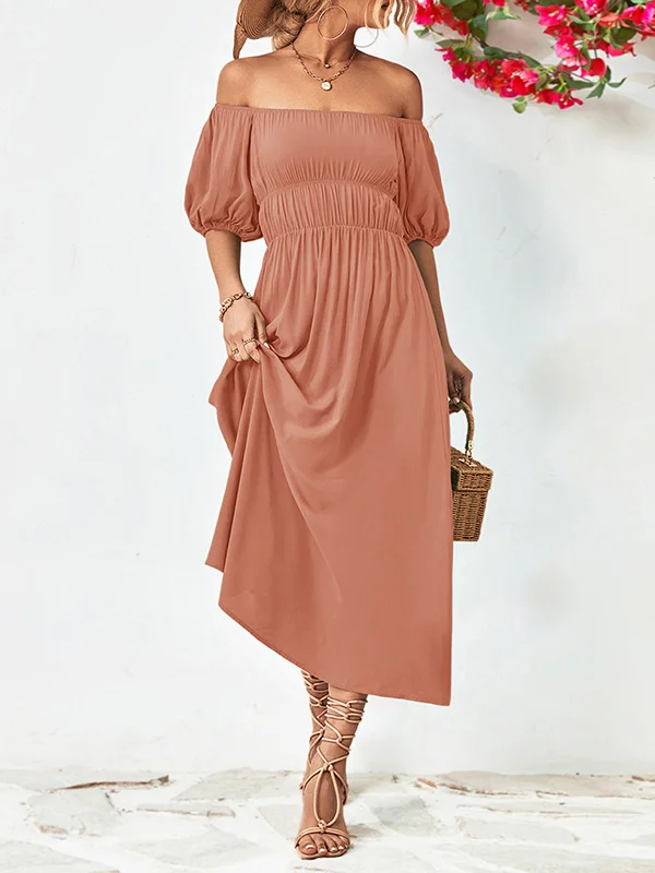 Solid Color Loose Short Sleeves Off-The-Shoulder Midi Dresses