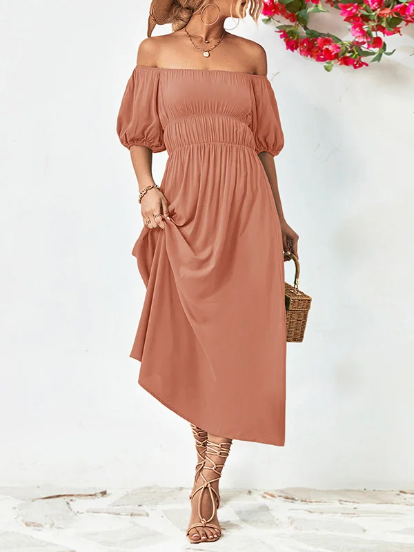 Solid Color Short Sleeves Loose Off-The-Shoulder Midi Dresses