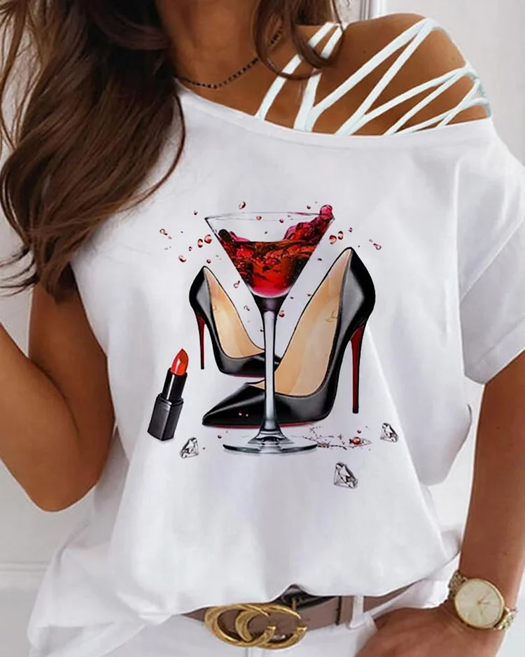 Heels Graphic Print One Shoulder Lace up T shirt P9082986939