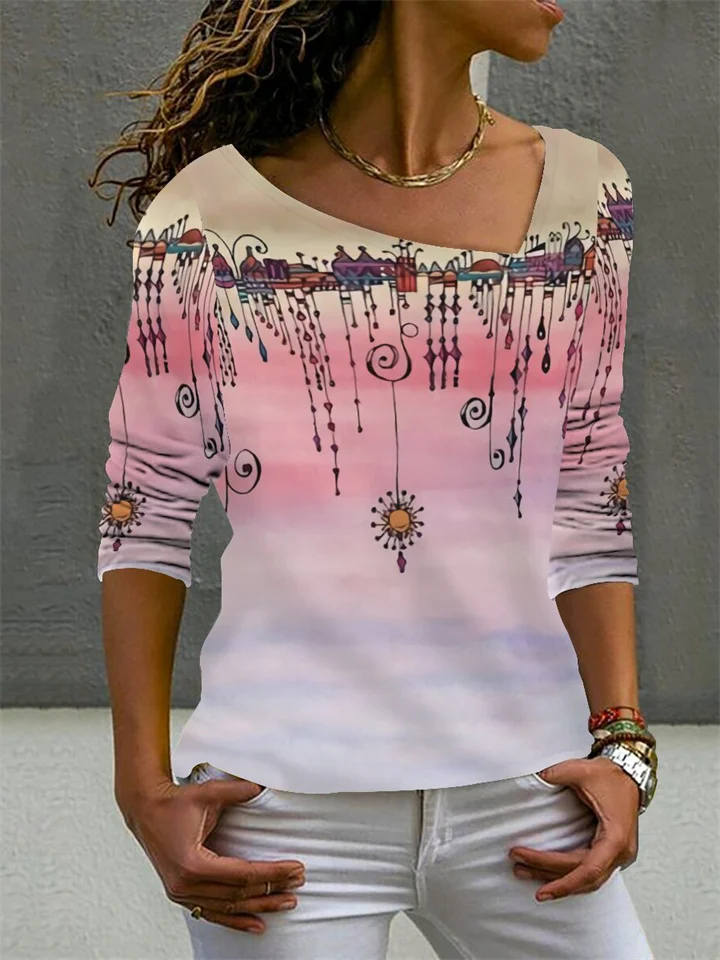 Women's T shirt Tee Yellow Pink Fuchsia Graphic Print Long Sleeve Daily Weekend Basic V Neck Regular Cotton Painting S-Cosfine