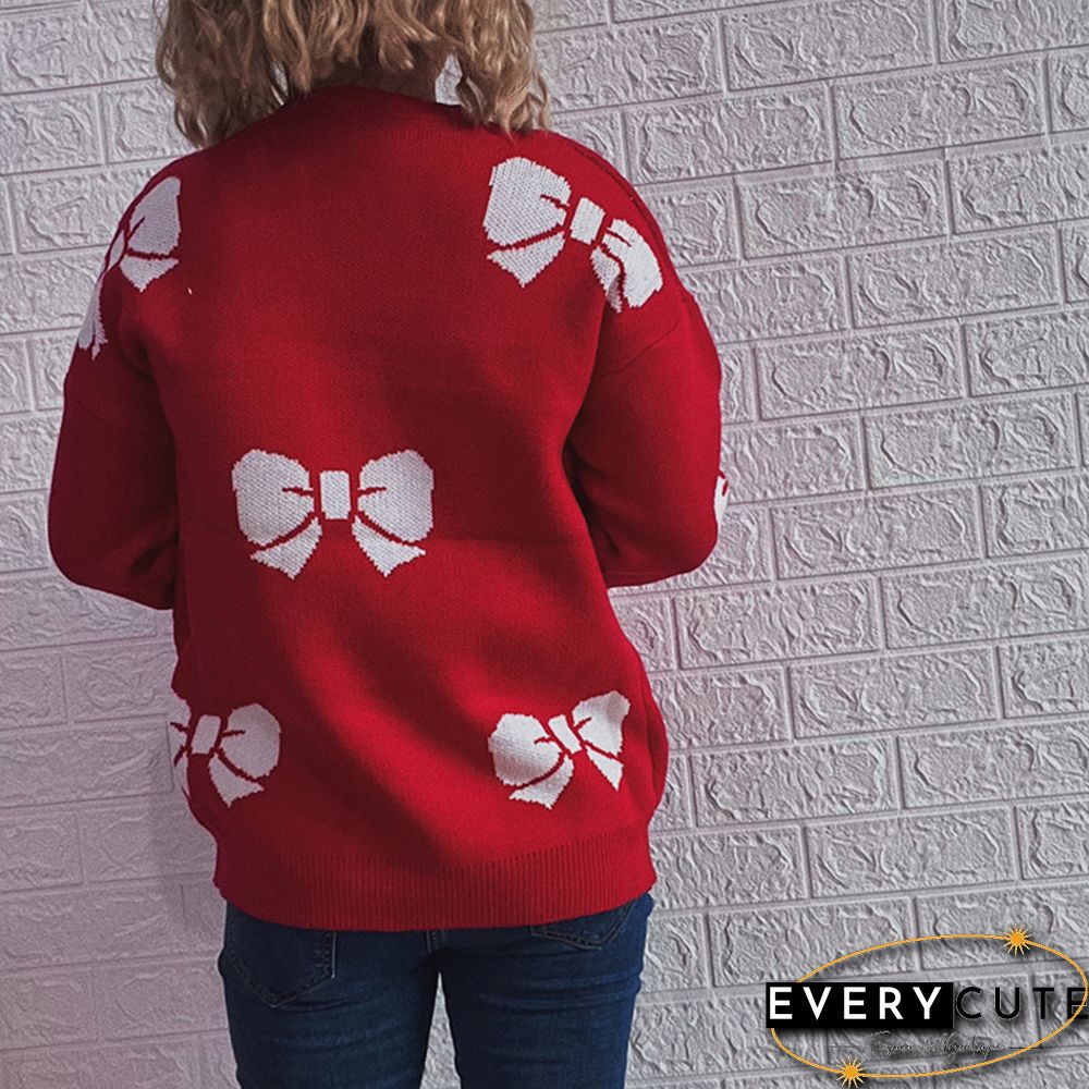 Red Bowknot Print Thicken Christmas Sweater
