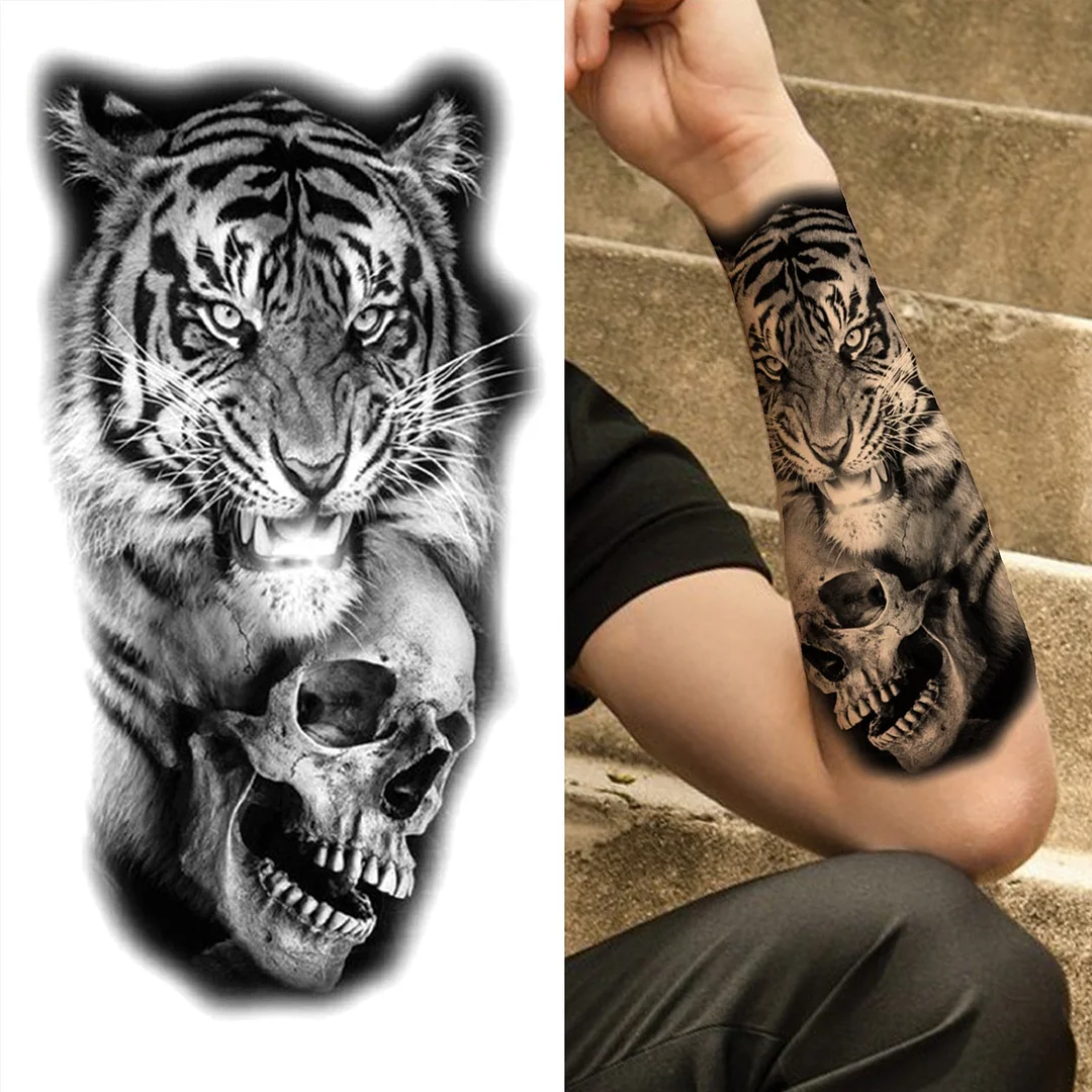 Black Forest Tattoo Sticker For Men Women Children Tiger Wolf Death Skull Temporary Tattoo Fake Henna Skeleton King Animal Tatoo 515