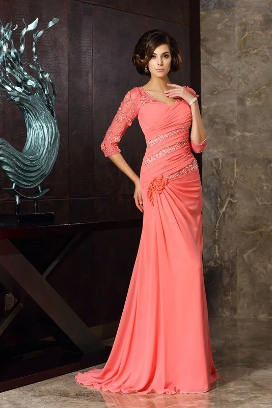 Daisda Chiffon V-Neck 1/2 Sleeves Long Mermaid Mother Of The Bride Dress With Pleated With Sweep Train