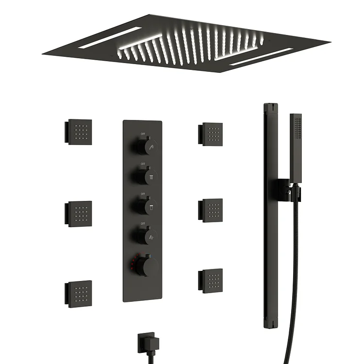 EVERSTEIN Thermostatic LED Dual Function Shower System in Matte Black, 23" x 15"