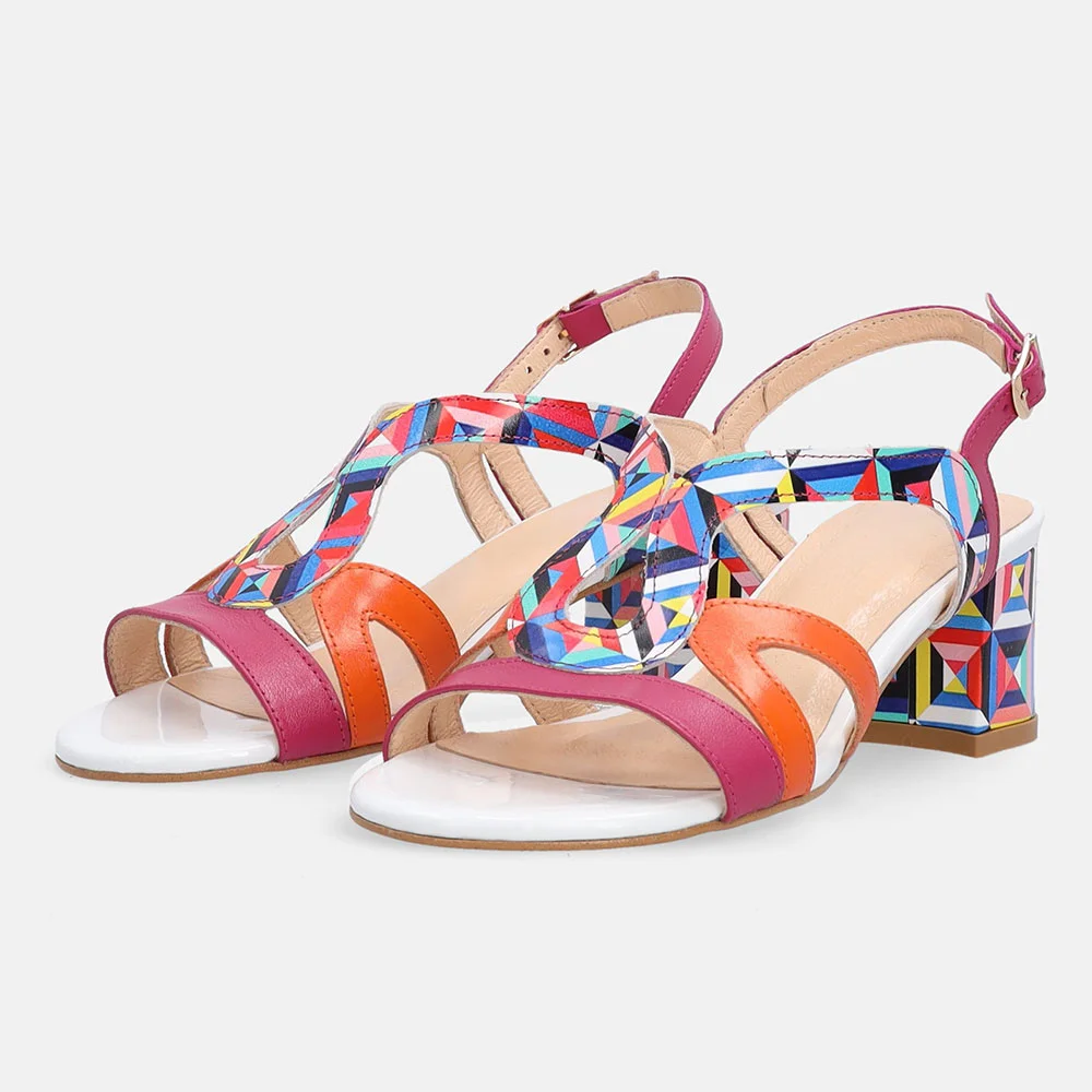 Multicolor Round Toe Ankle Strap Buckle Block Heel Sandals for Women